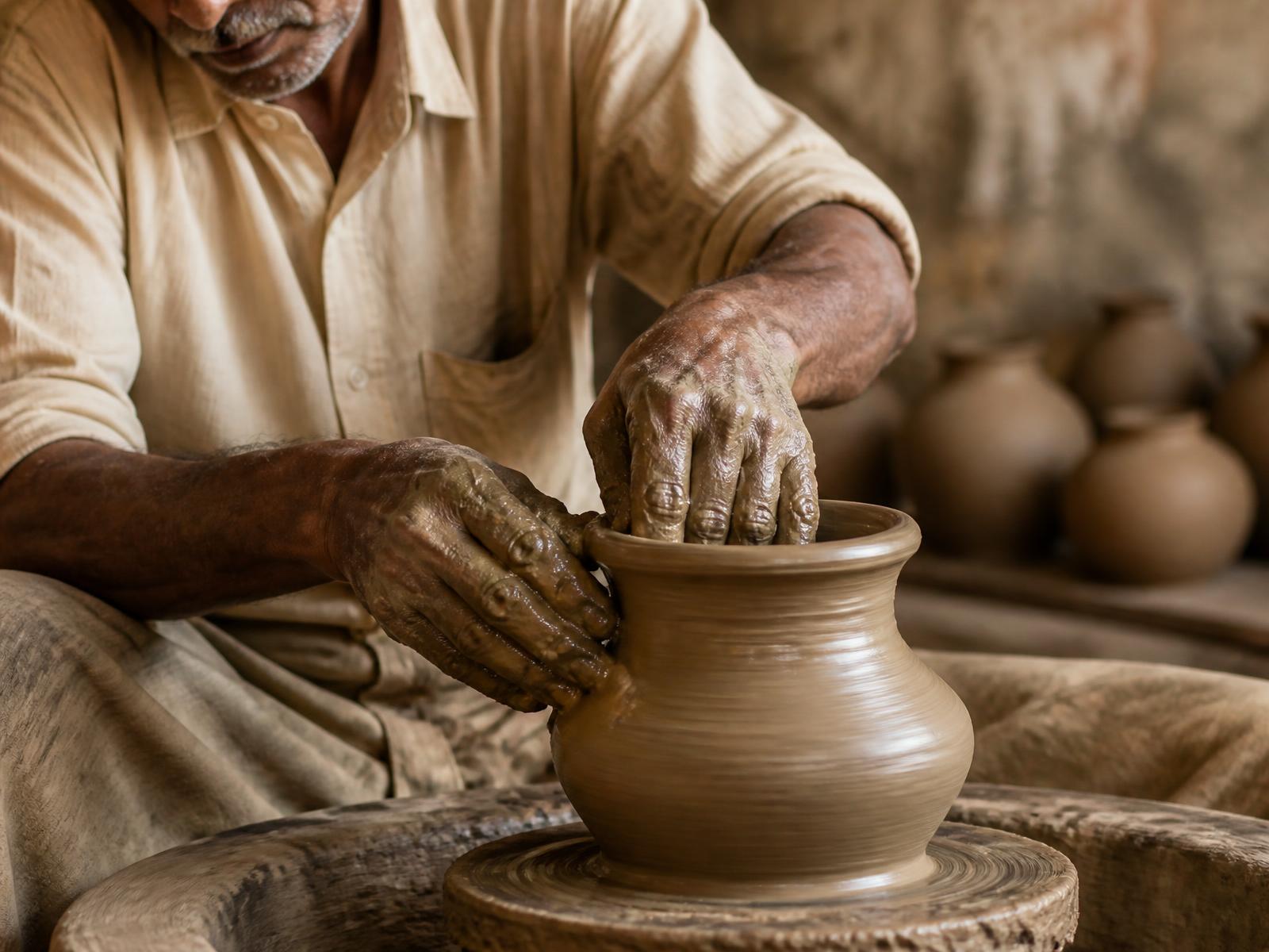 An artisan shaping wet clay on a potter's wheel in a sunlit workshop