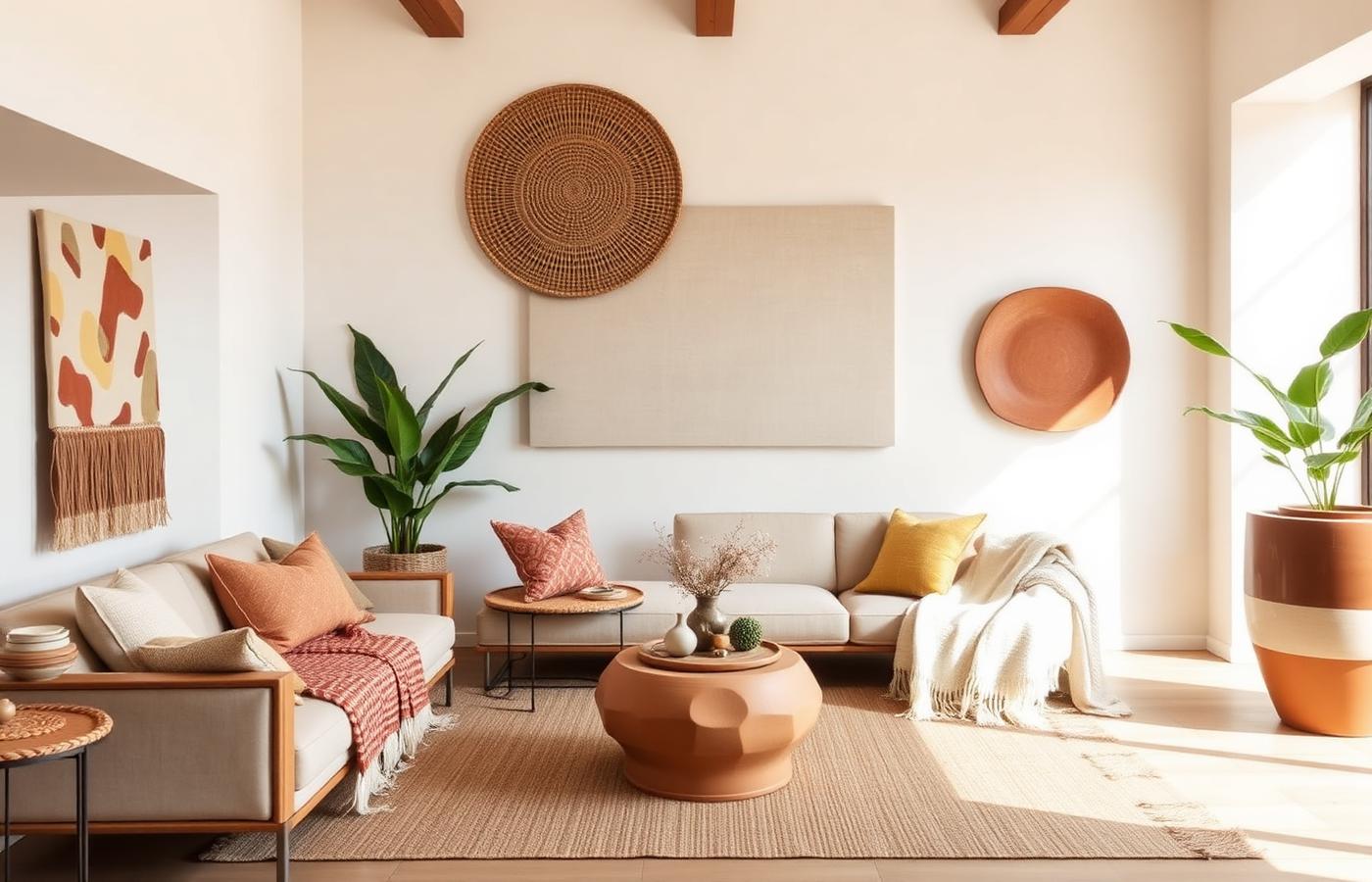 Styled model home living room with artisan textiles, terracotta planters and wall art