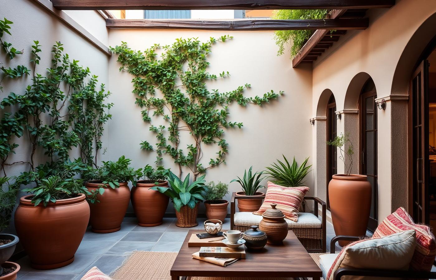 Hotel courtyard with large terracotta planters, living wall and artisan ceramics