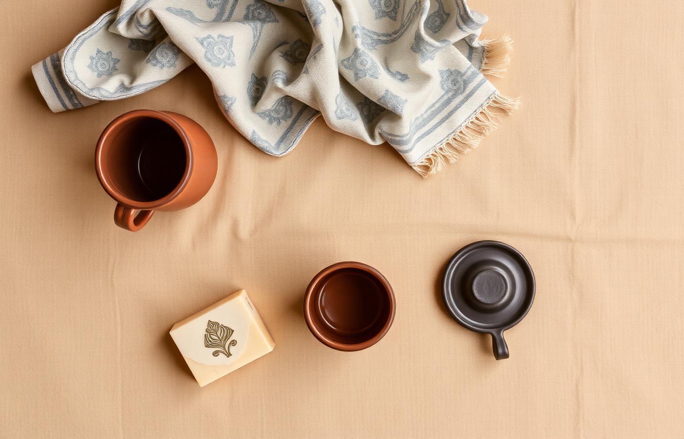 Flat lay of artisan ceramics, block-printed textile and handmade soap on linen