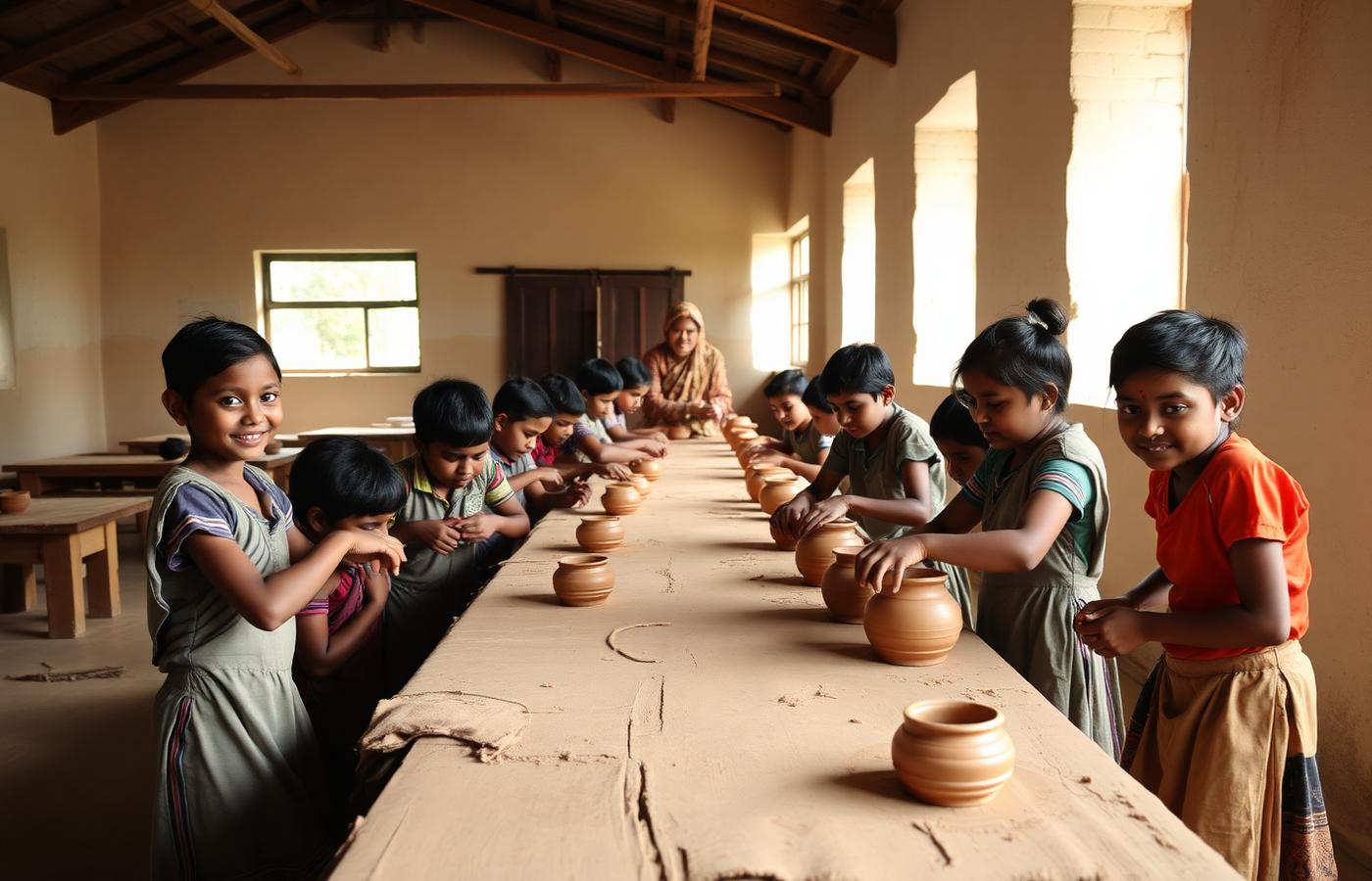 School children shaping clay pots alongside an artisan potter in a classroom